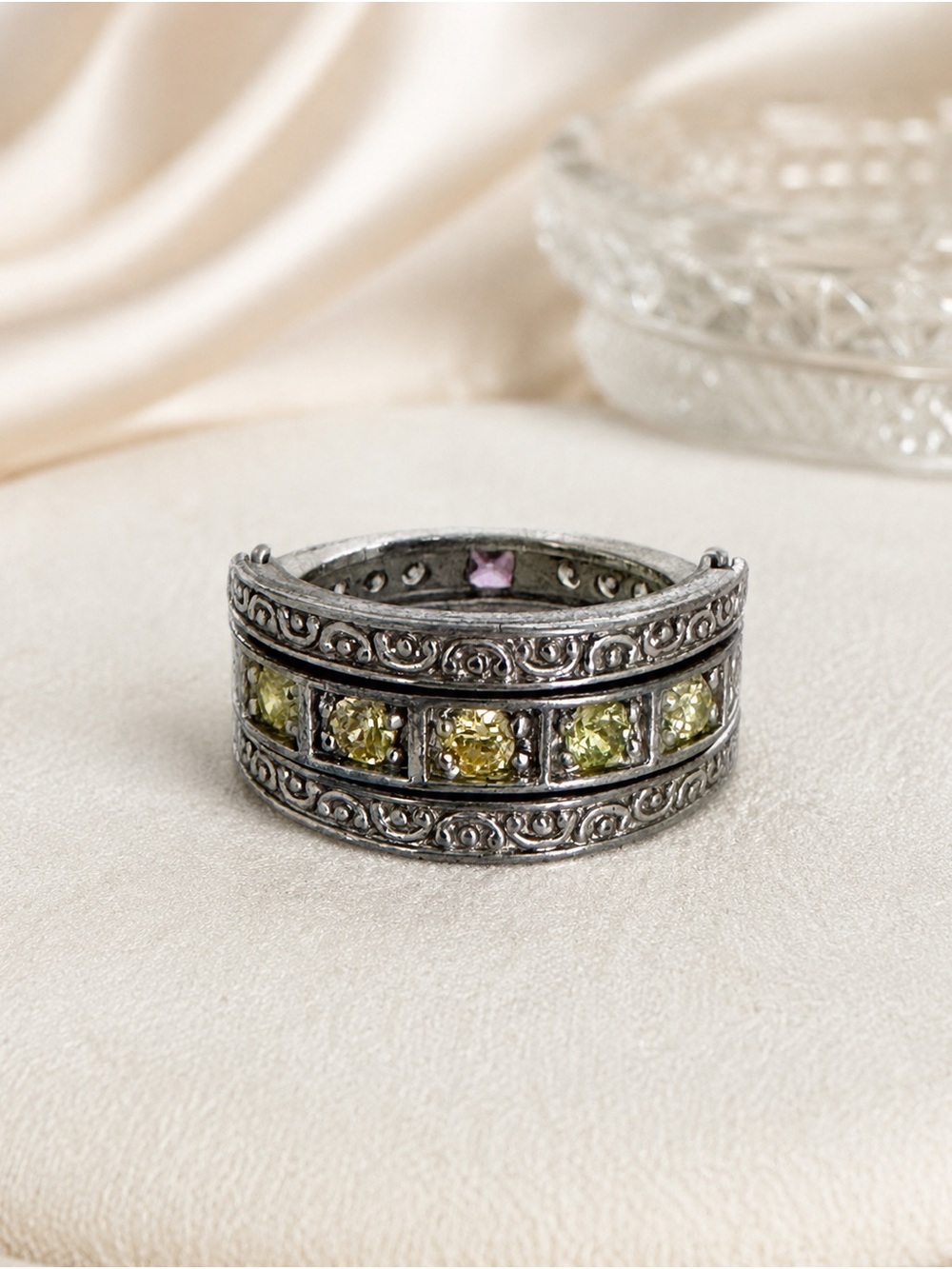 Vintage Avon RJ Reversible Flip Ring Pink Yellow CZ Silver Tone Size 8